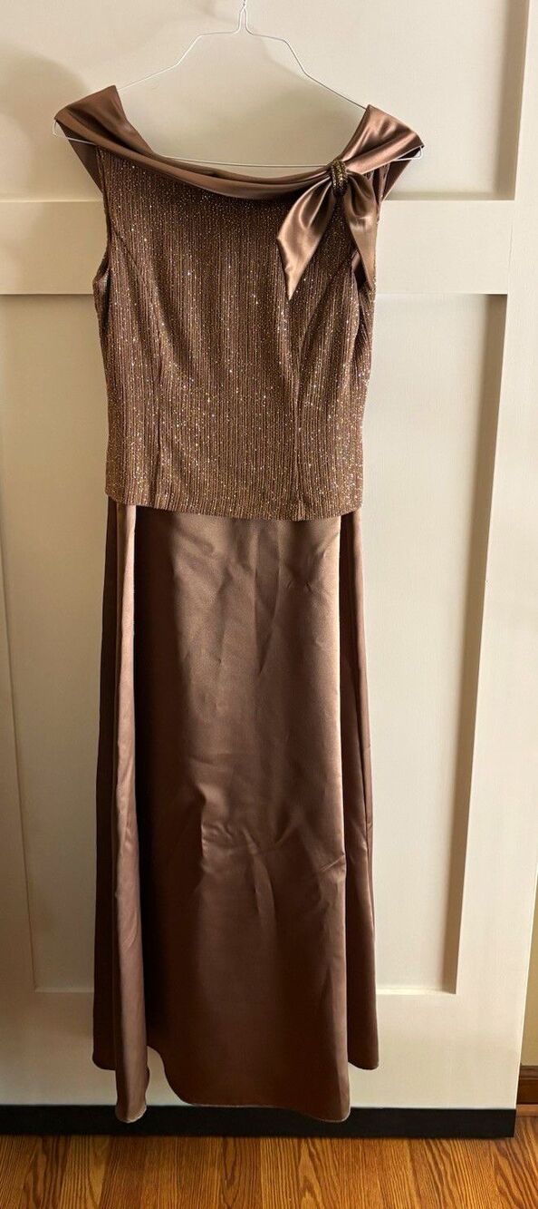 Vintage Patra Formal Evening Dress Size 8 Brown Bronze Glitter Cowl Neck Bow